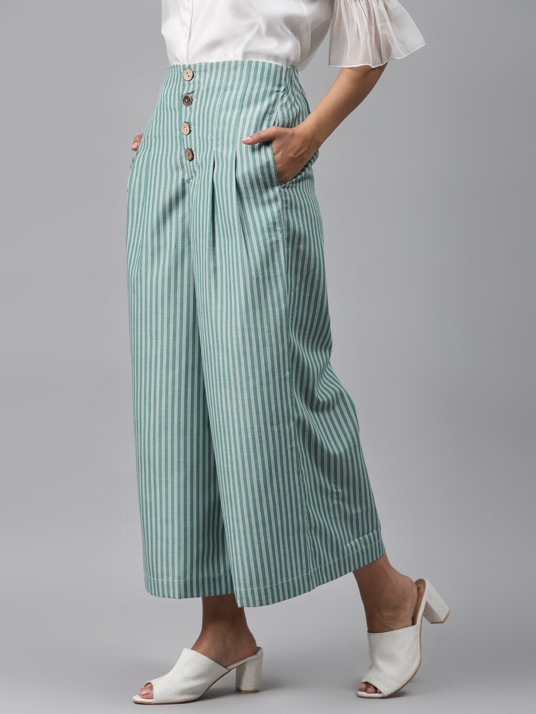 Women's Green Stripes Front Button Flared Pants