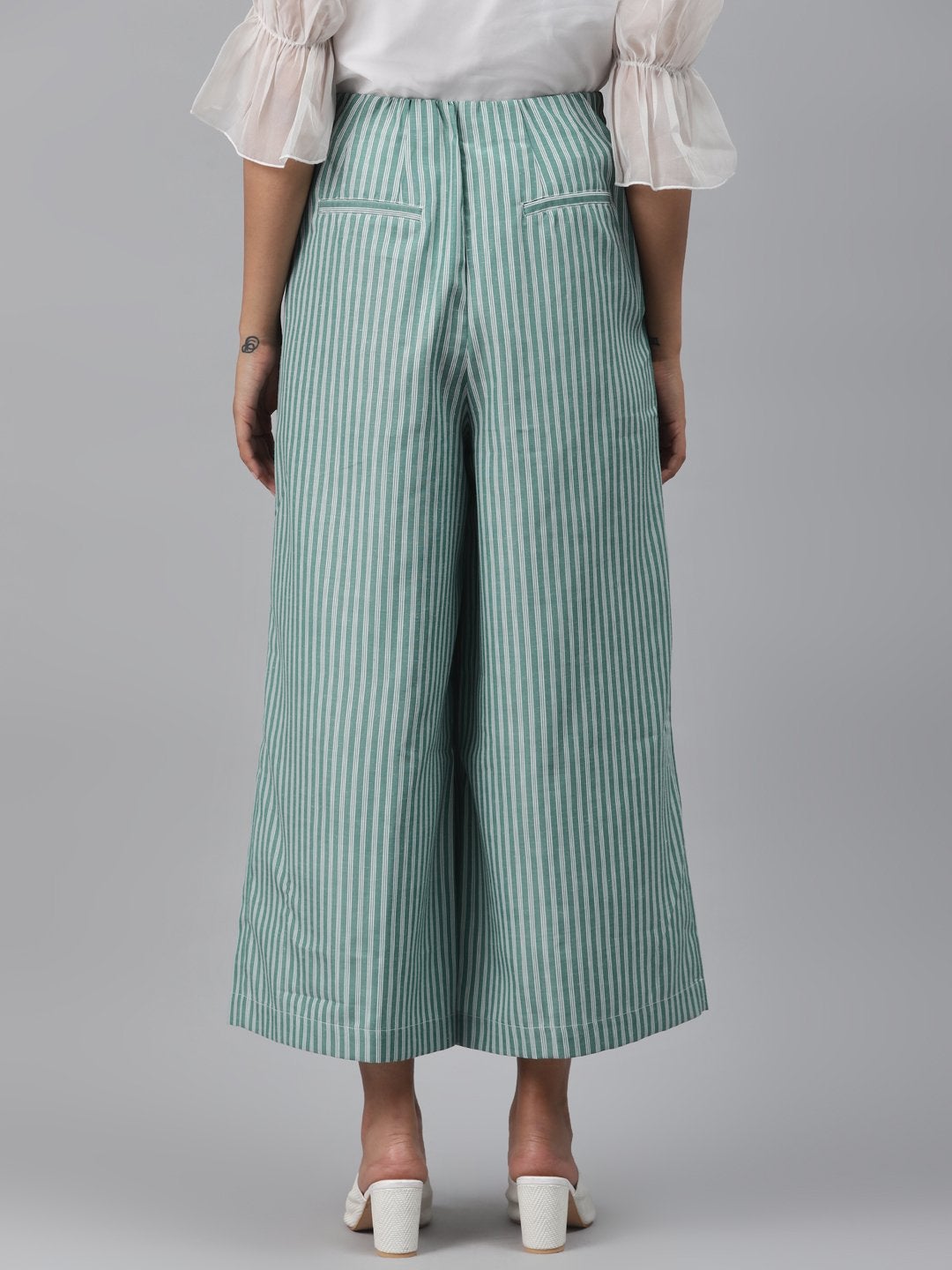 Women's Green Stripes Front Button Flared Pants