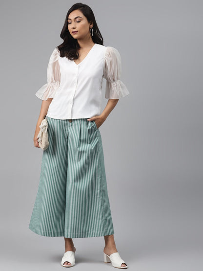 Women's Green Stripes Front Button Flared Pants