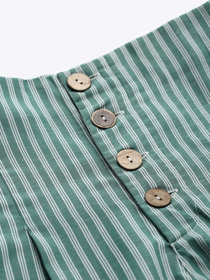 Women's Green Stripes Front Button Flared Pants
