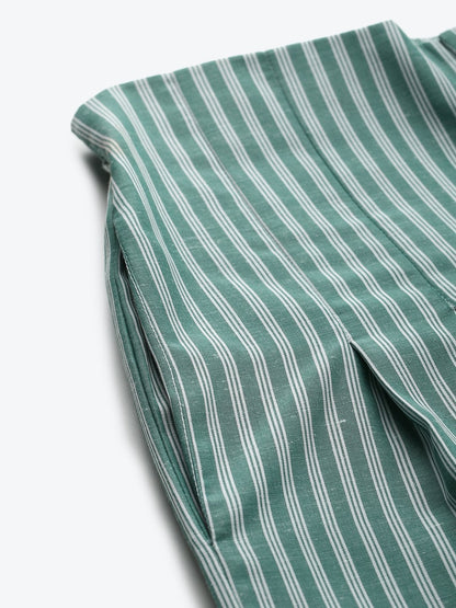 Women's Green Stripes Front Button Flared Pants