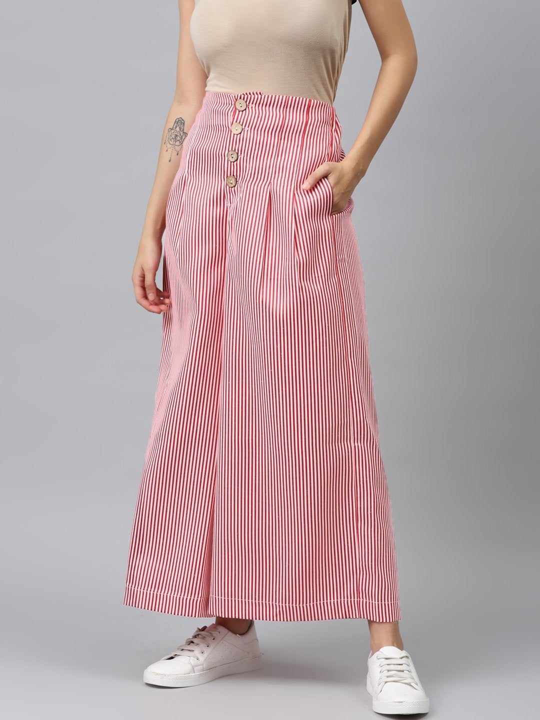 Women's Red Stripes Front Button Flared Pants