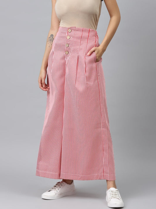 Women's Red Stripes Front Button Flared Pants