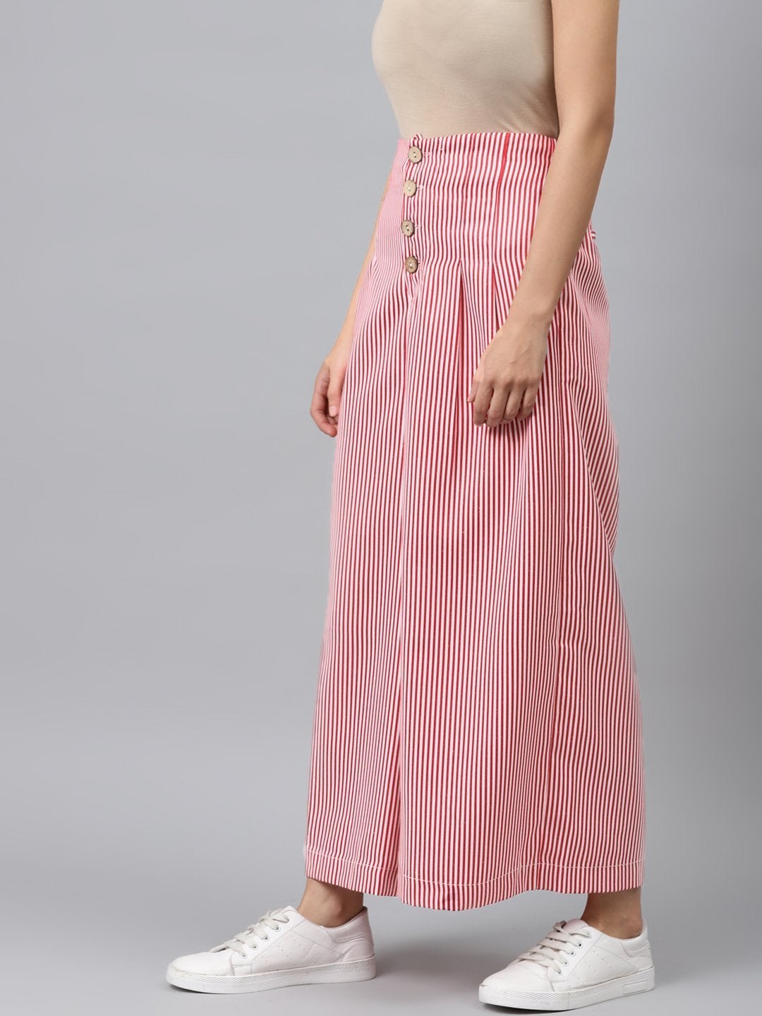 Women's Red Stripes Front Button Flared Pants