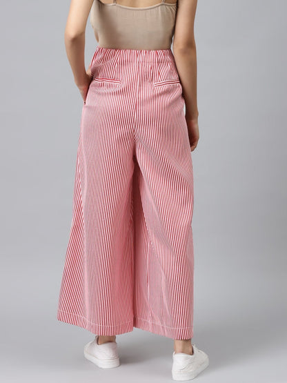 Women's Red Stripes Front Button Flared Pants