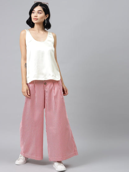 Women's Red Stripes Front Button Flared Pants