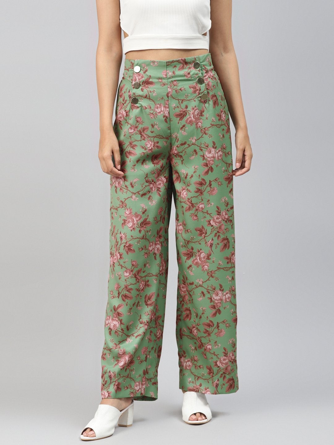 Women's Green Floral Front Button Pants