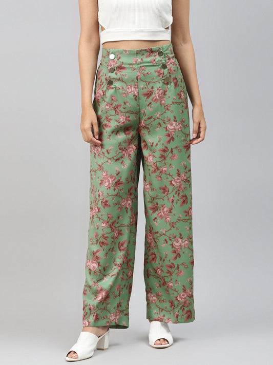 Women's Green Floral Front Button Pants