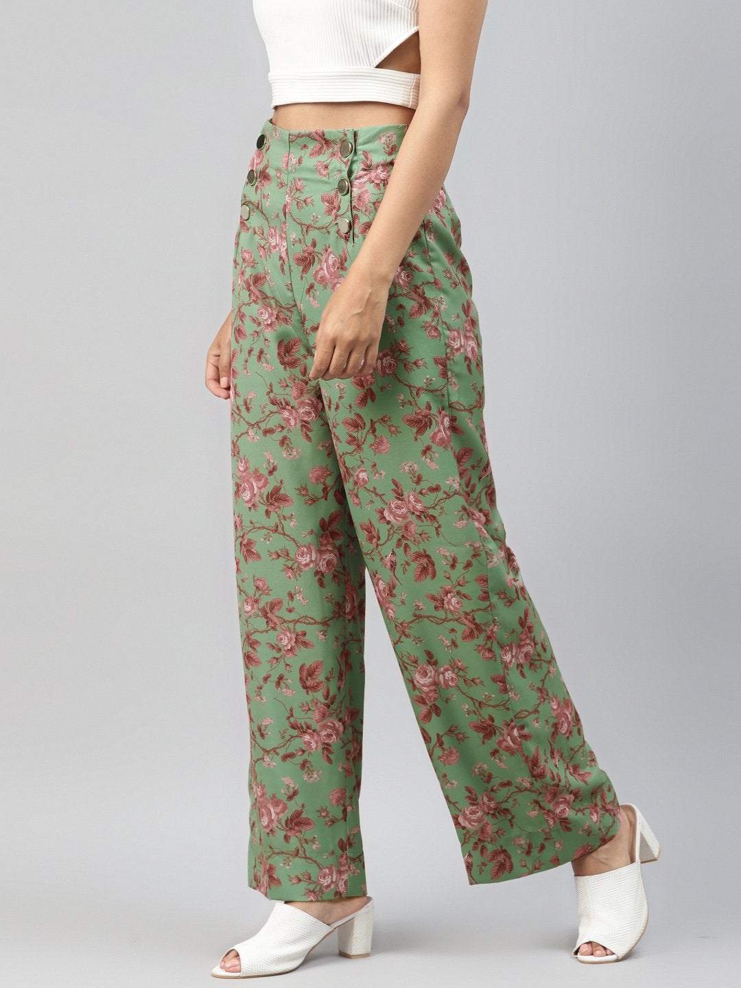 Women's Green Floral Front Button Pants