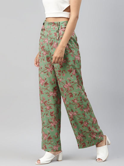 Women's Green Floral Front Button Pants