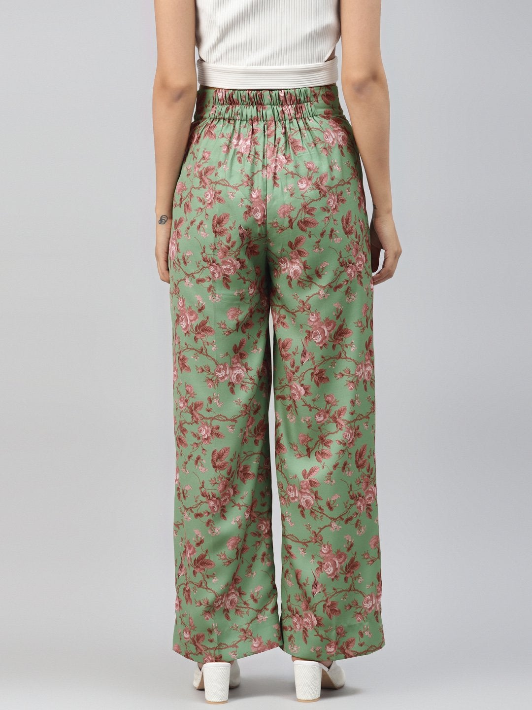 Women's Green Floral Front Button Pants