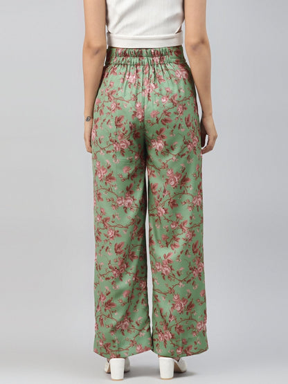 Women's Green Floral Front Button Pants
