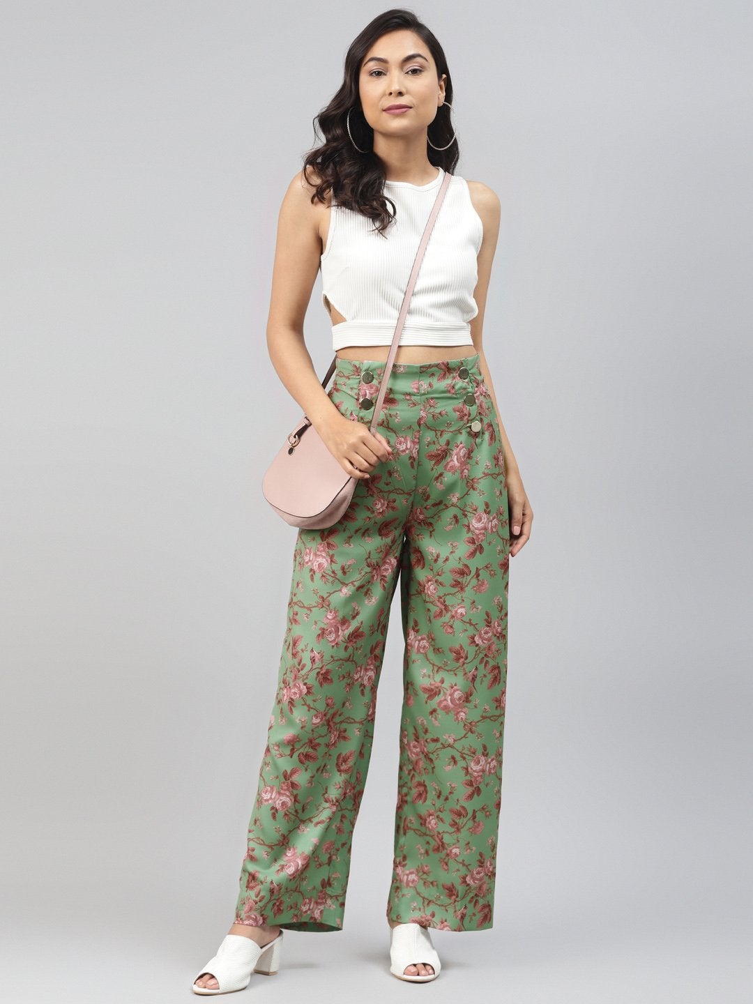 Women's Green Floral Front Button Pants