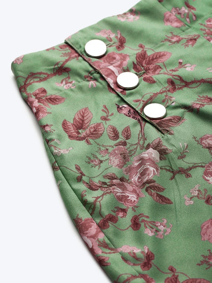 Women's Green Floral Front Button Pants