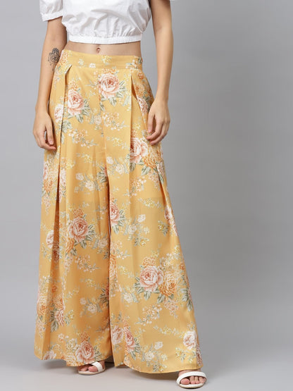 Women's Mustard Floral Pleated Palazzo Pants