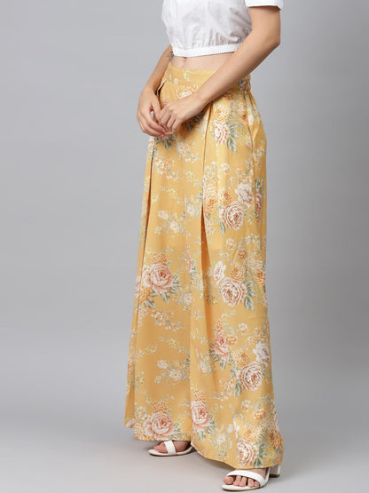 Women's Mustard Floral Pleated Palazzo Pants