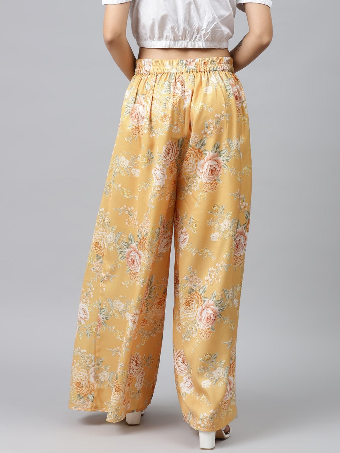 Women's Mustard Floral Pleated Palazzo Pants
