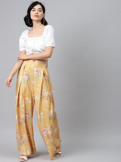 Women's Mustard Floral Pleated Palazzo Pants