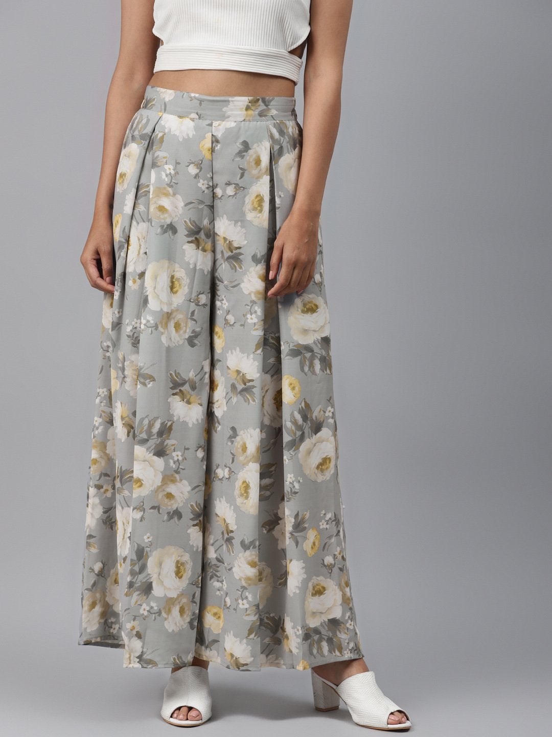 Women's Grey Floral Pleated Palazzo Pants