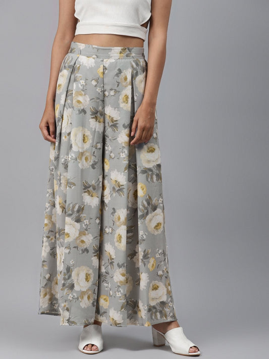 Women's Grey Floral Pleated Palazzo Pants