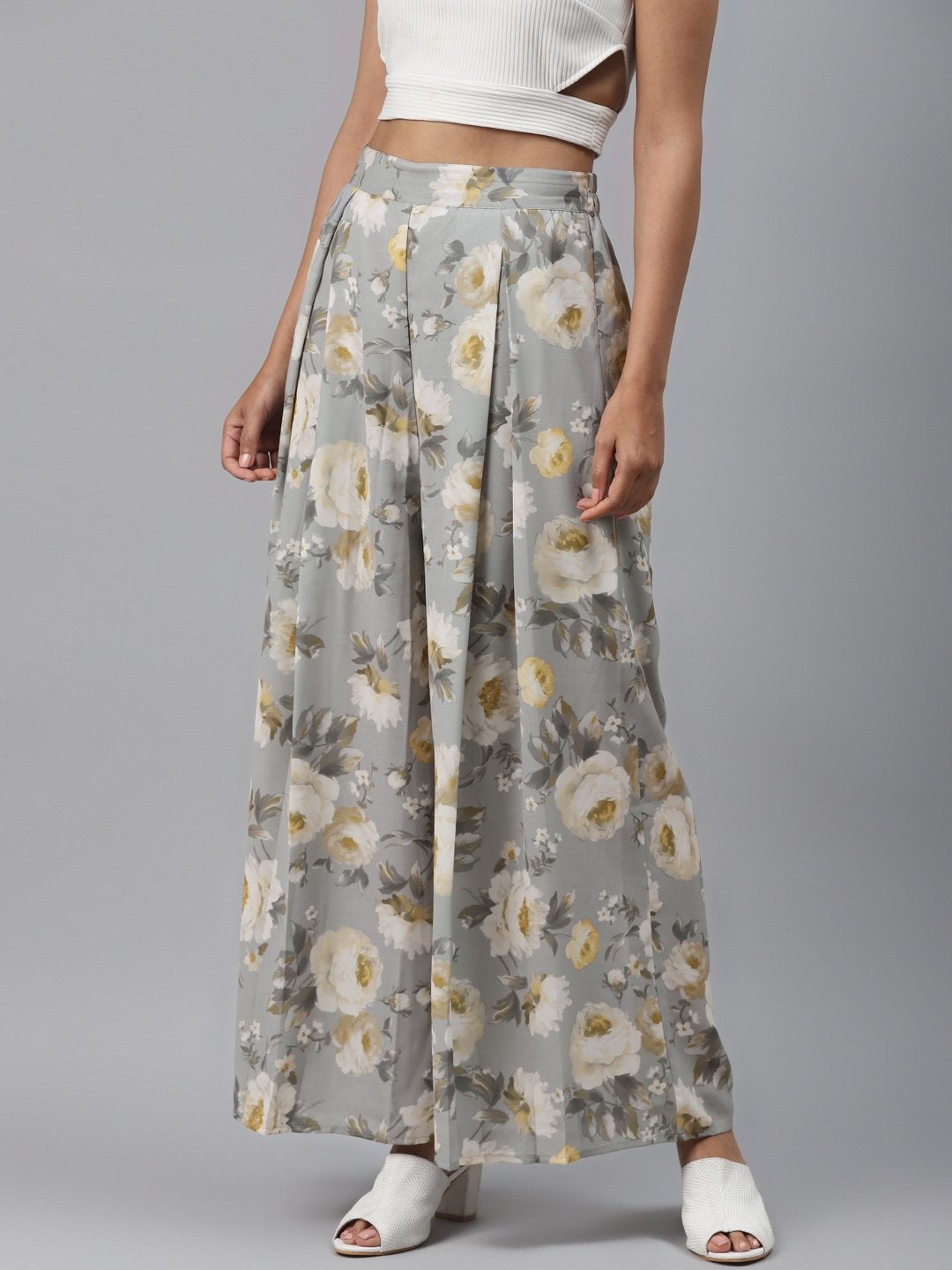 Women's Grey Floral Pleated Palazzo Pants