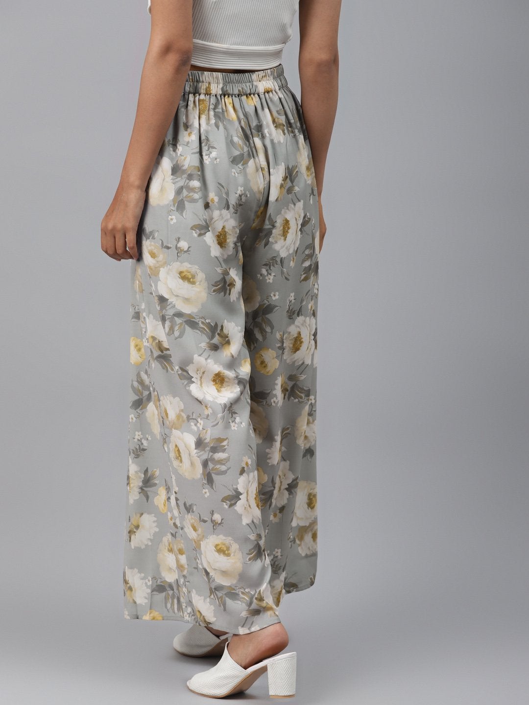 Women's Grey Floral Pleated Palazzo Pants