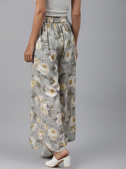 Women's Grey Floral Pleated Palazzo Pants