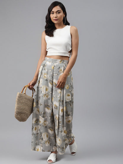 Women's Grey Floral Pleated Palazzo Pants