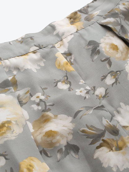 Women's Grey Floral Pleated Palazzo Pants