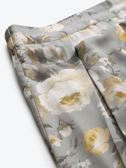 Women's Grey Floral Pleated Palazzo Pants