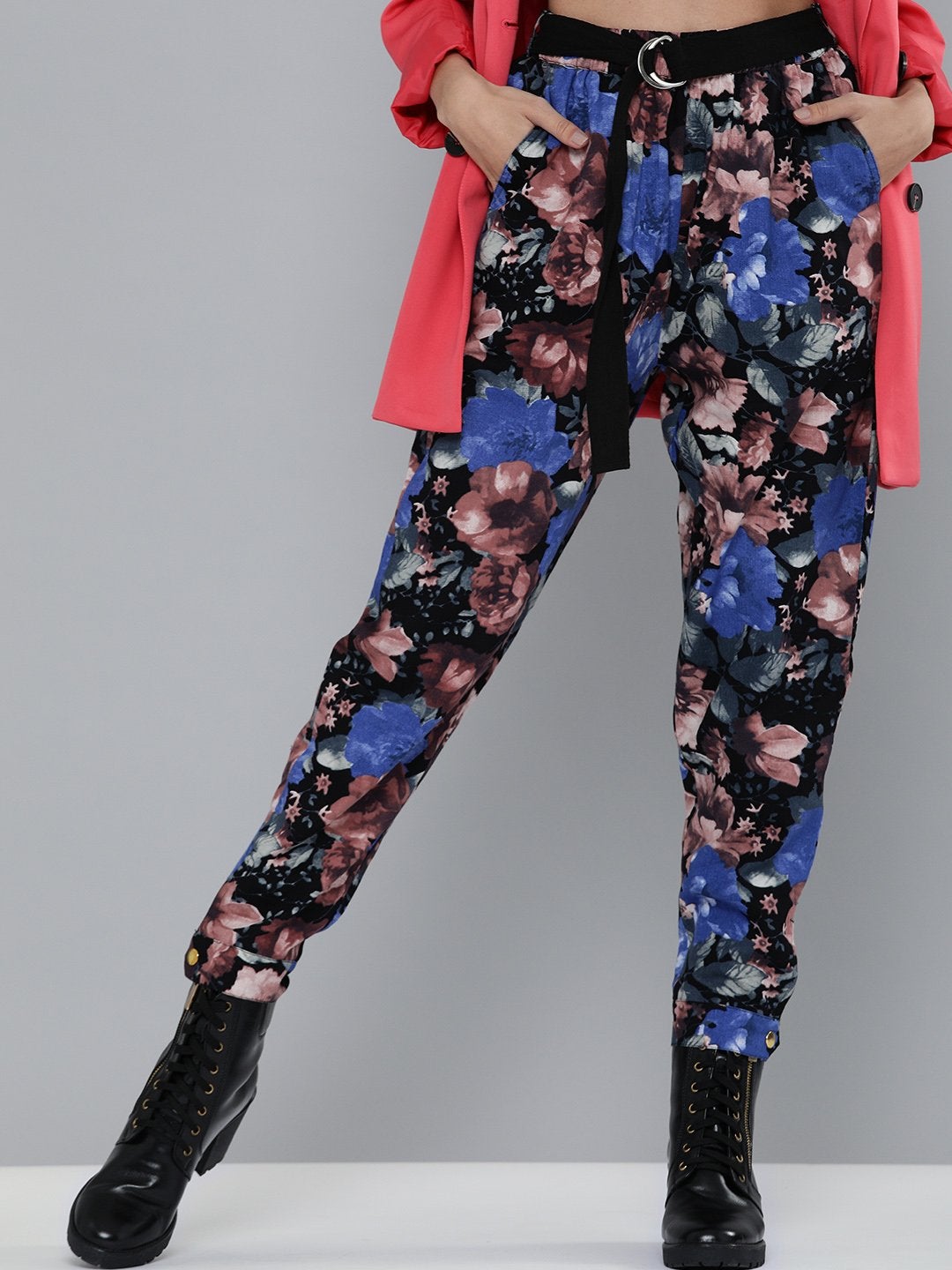 Women's Blue Floral Button Hem Joggers