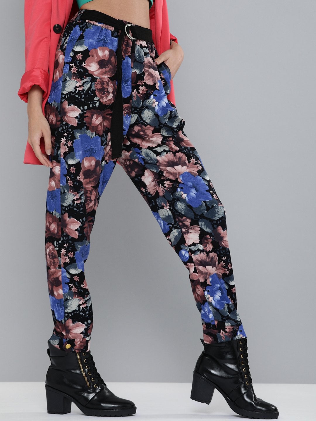 Women's Blue Floral Button Hem Joggers
