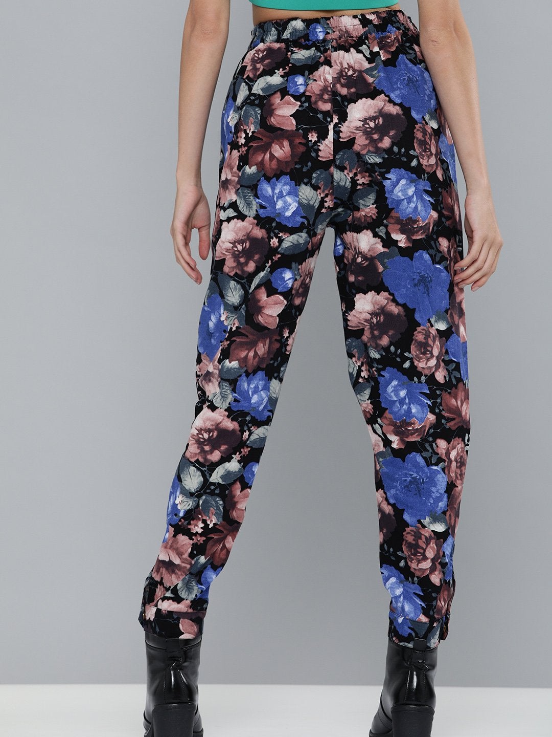 Women's Blue Floral Button Hem Joggers