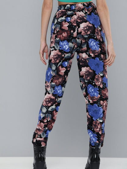 Women's Blue Floral Button Hem Joggers
