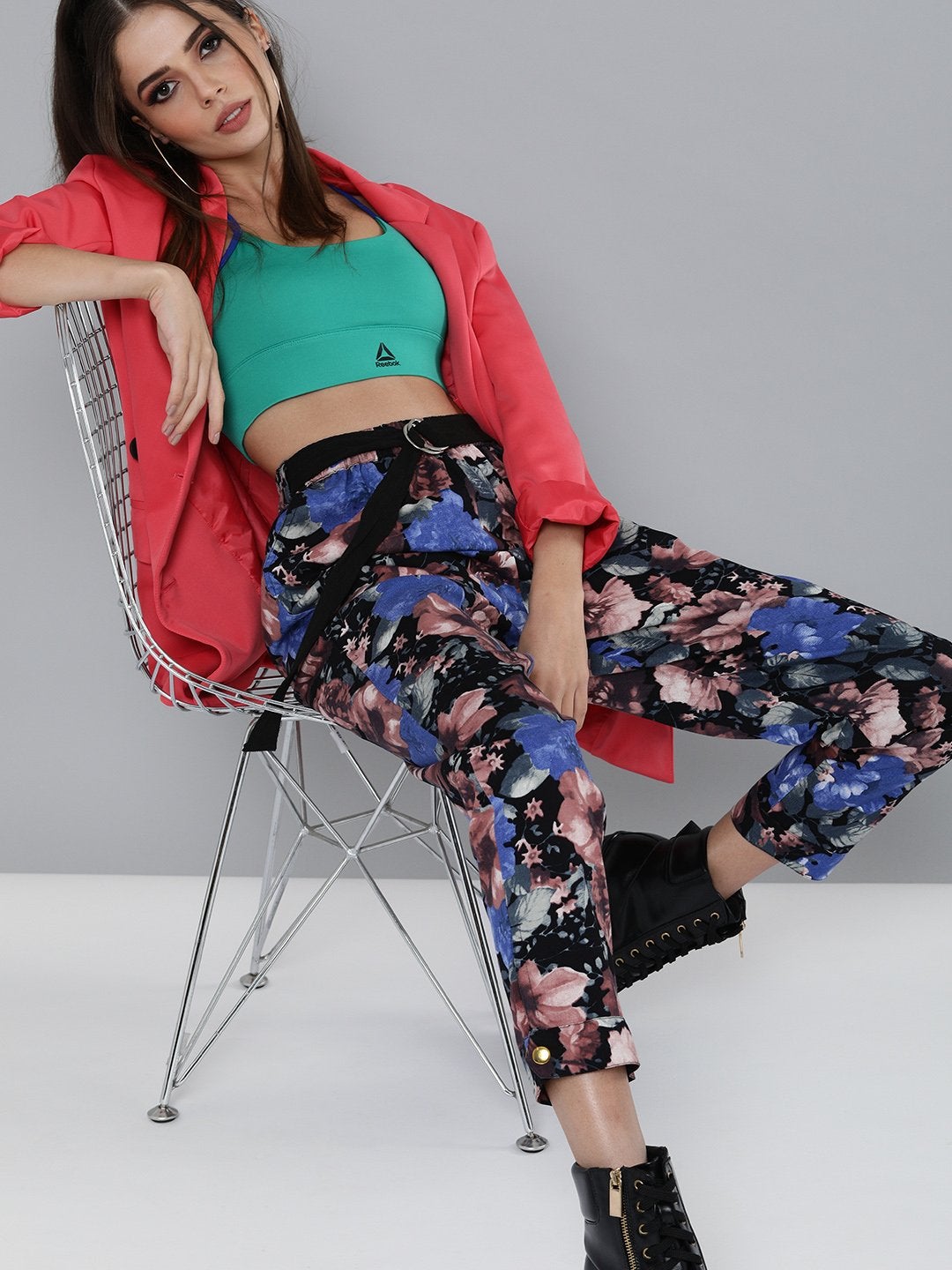 Women's Blue Floral Button Hem Joggers