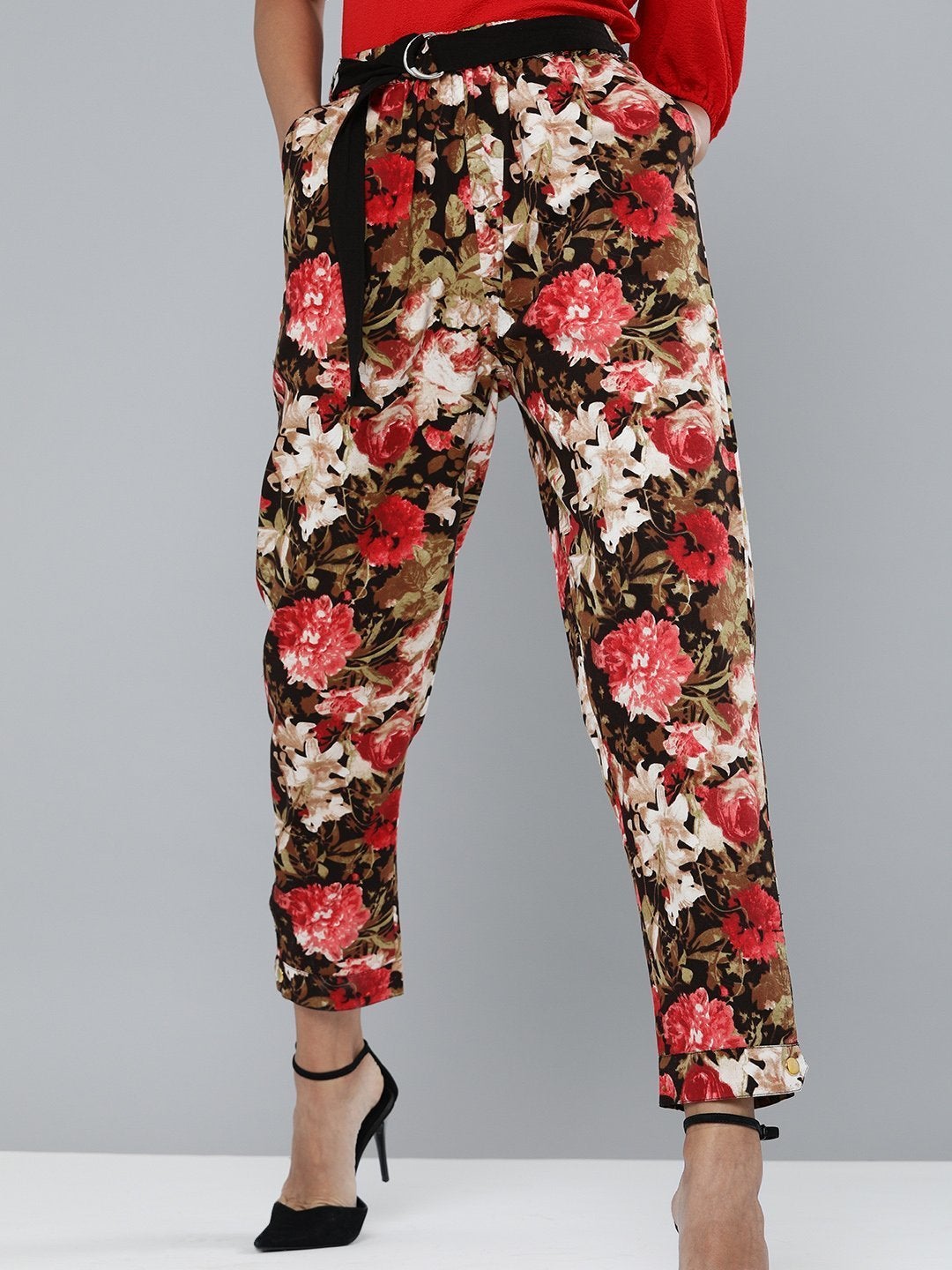 Women's Red Floral Button Hem Joggers