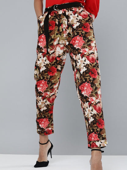 Women's Red Floral Button Hem Joggers