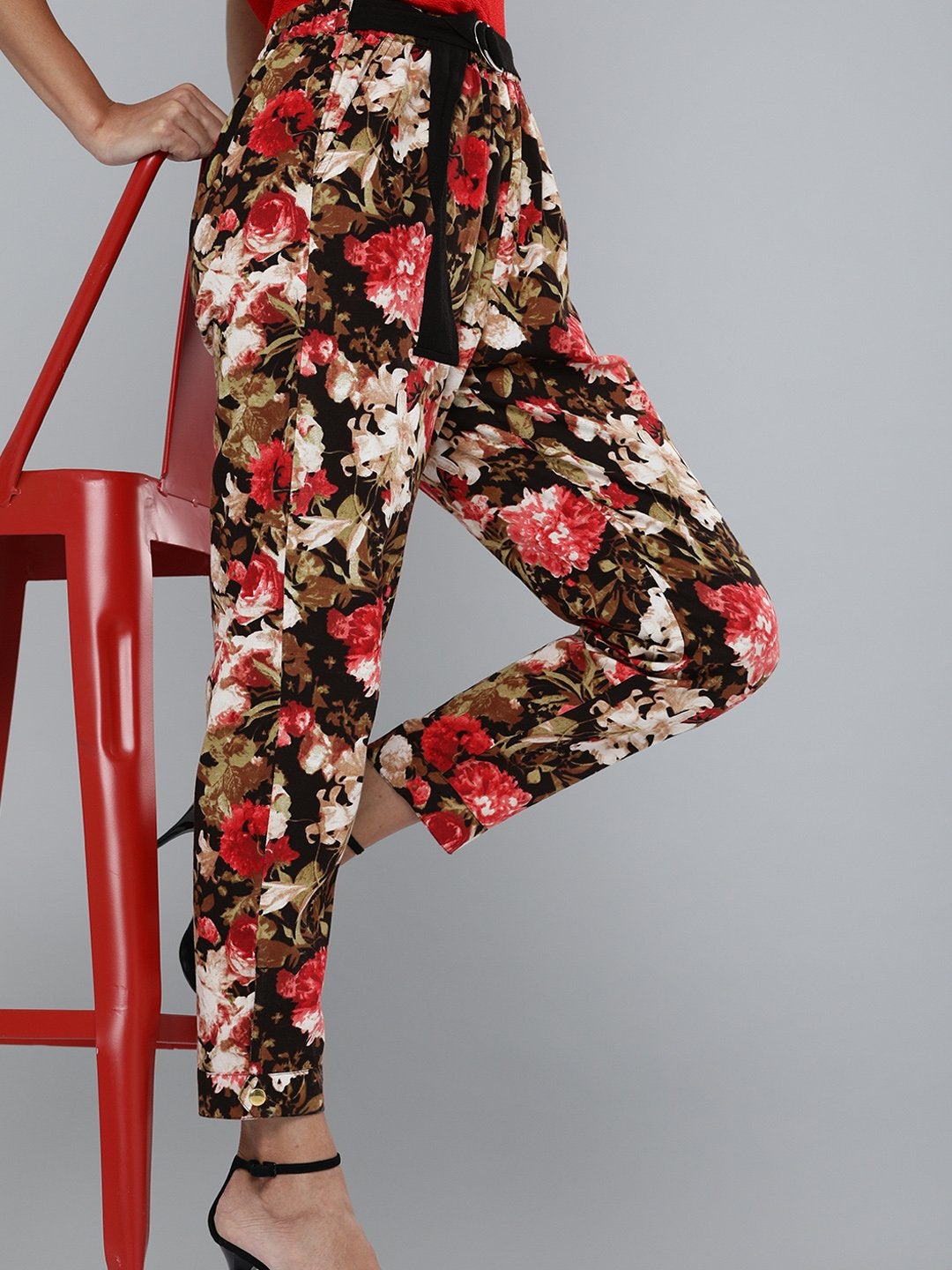 Women's Red Floral Button Hem Joggers