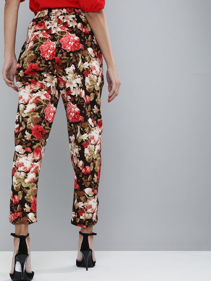 Women's Red Floral Button Hem Joggers