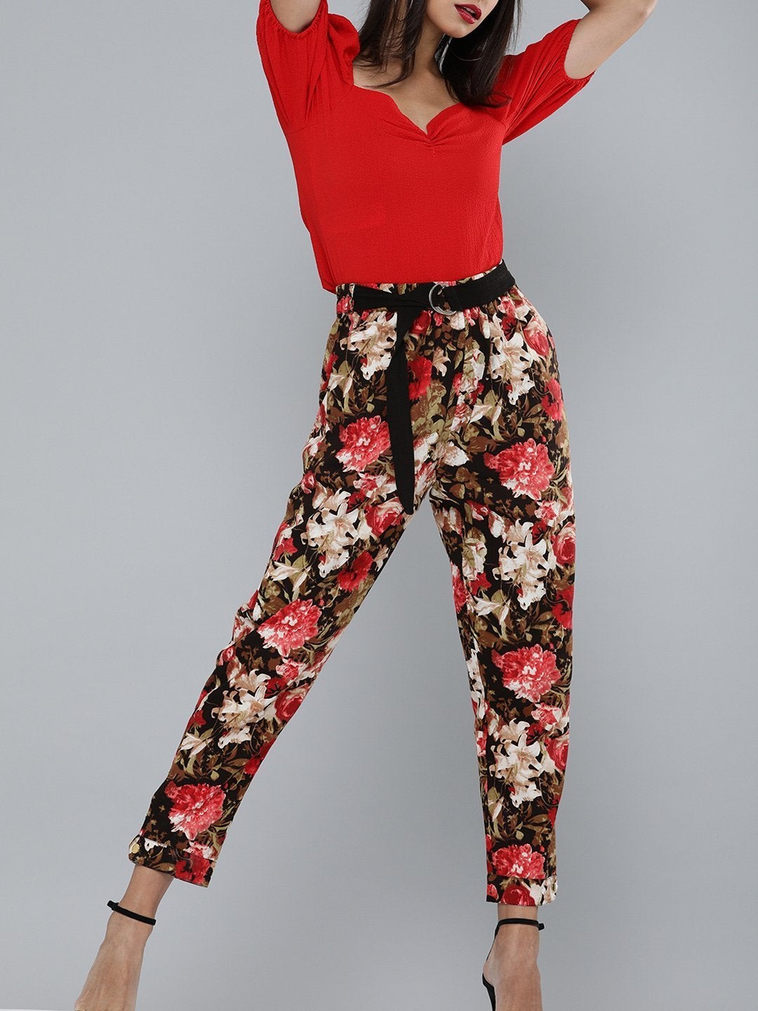 Women's Red Floral Button Hem Joggers