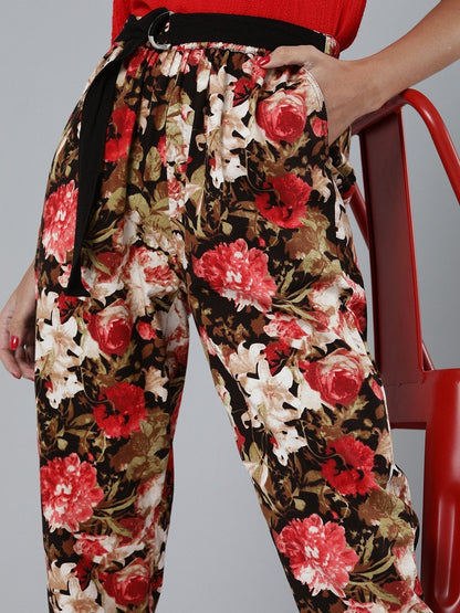 Women's Red Floral Button Hem Joggers