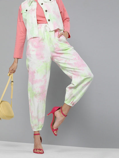 Women's Green & Pink Tie-Dye Twill Joggers