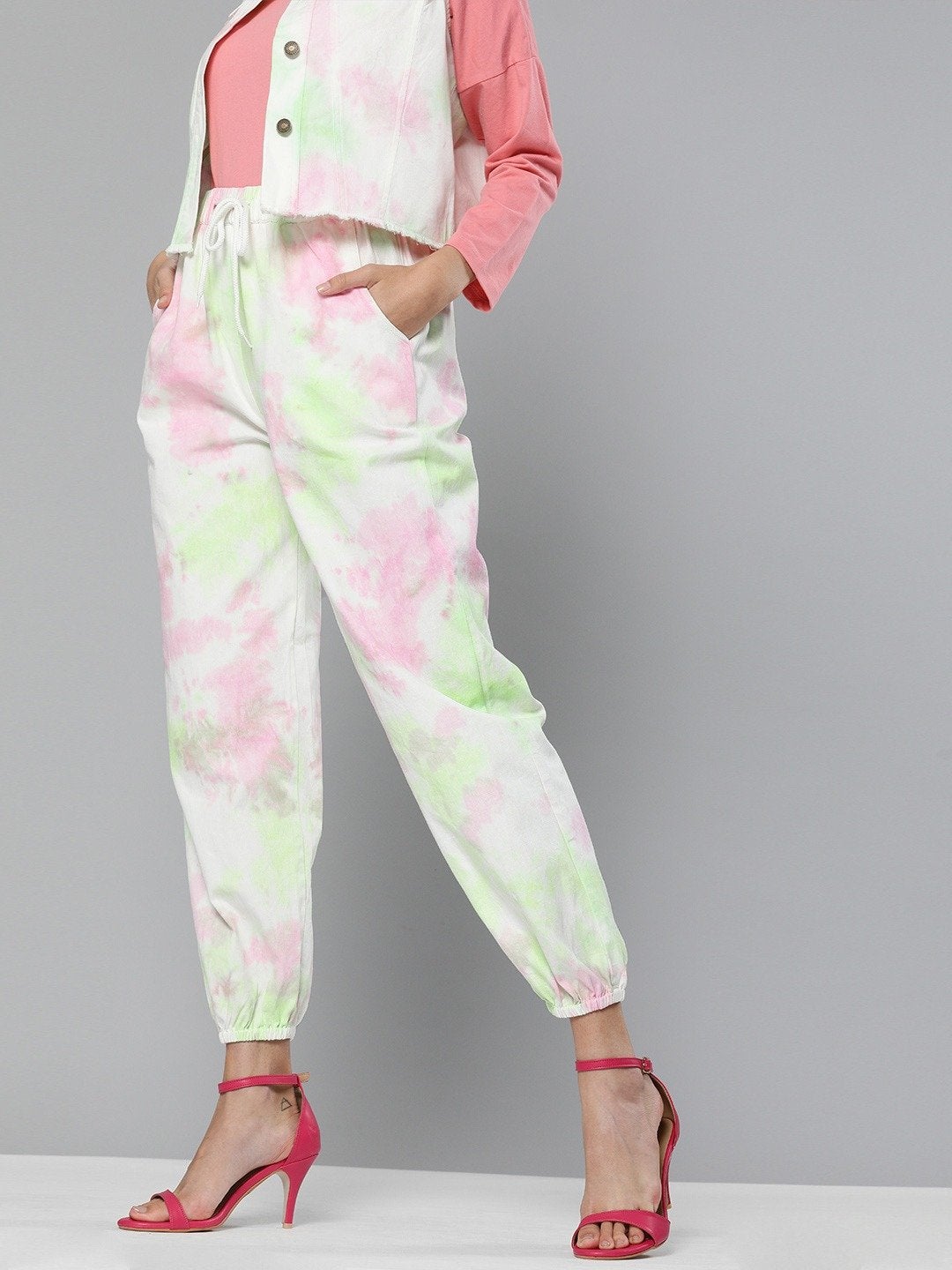 Women's Green & Pink Tie-Dye Twill Joggers
