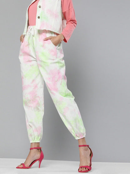 Women's Green & Pink Tie-Dye Twill Joggers