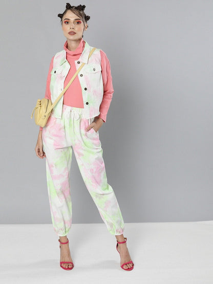 Women's Green & Pink Tie-Dye Twill Joggers
