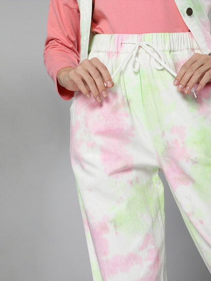 Women's Green & Pink Tie-Dye Twill Joggers
