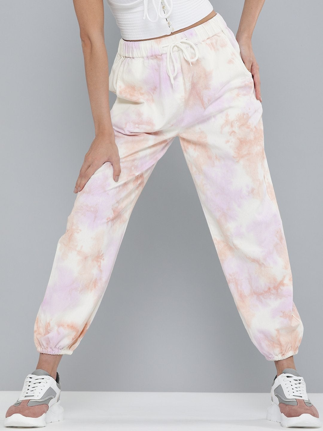 Women's Peach & Purple Tie-Dye Twill Joggers