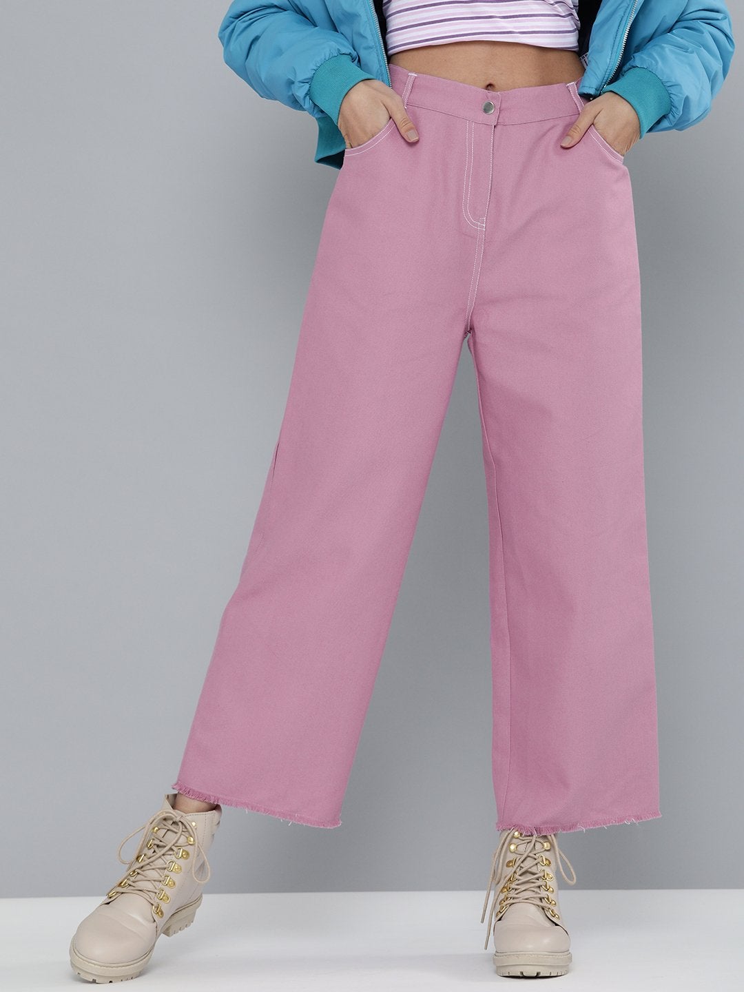 Women's Lavendar Denim Contrast Stitch Wide Pants