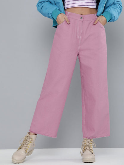 Women's Lavendar Denim Contrast Stitch Wide Pants