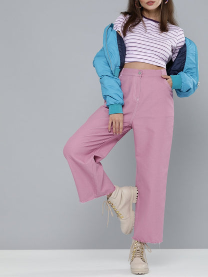Women's Lavendar Denim Contrast Stitch Wide Pants
